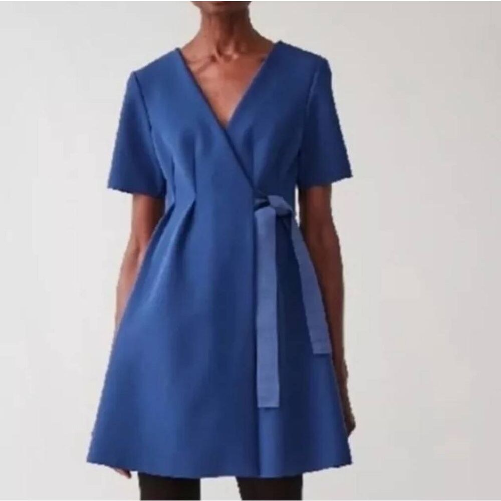 COS Belted Scuba Wrap Dress Blue Size 2 Short Sleeve